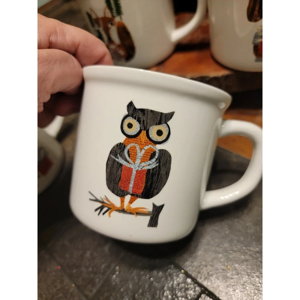 (4) Pottery Barn Denise Fiedler Whimsical Christmas Mugs Cat Fox Owl Dog 16 Oz